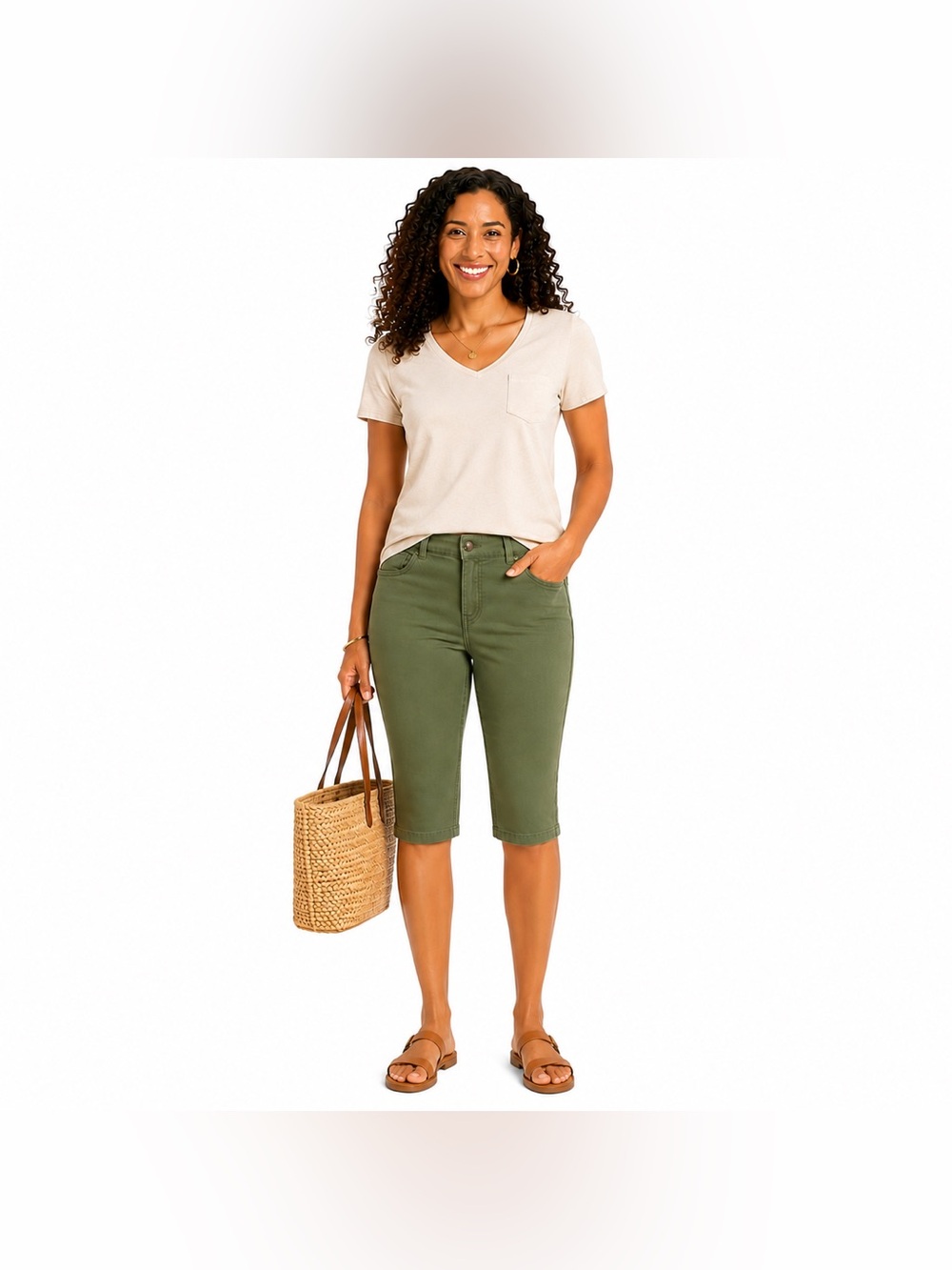 D&Co Denim & Company Olive Green Pull-On Capri Shorts Size 14